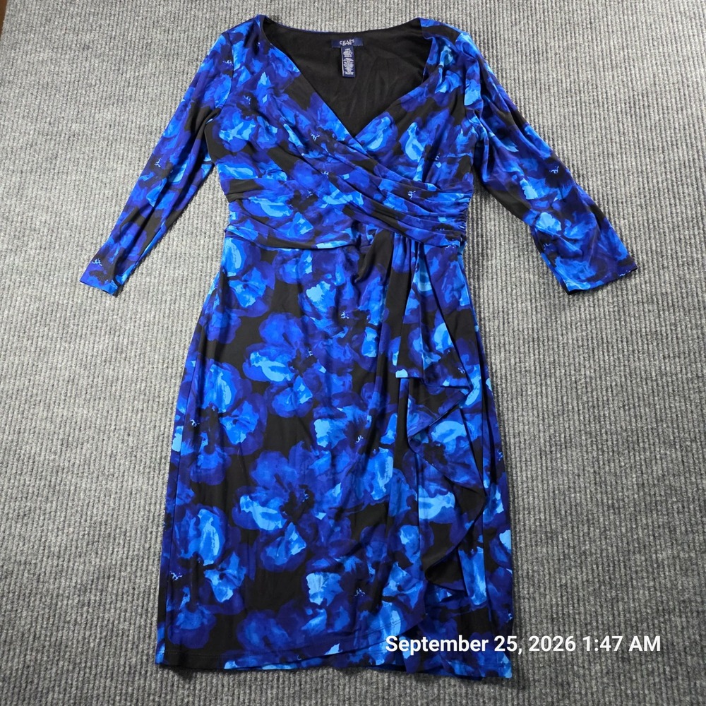 Chaps Womens Blue Black Floral Faux Wrap Ruffle Sheath Dress Large L 3/4 Sleeve